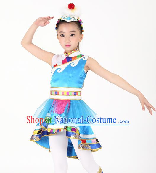 Traditional Chinese Child Zang Nationality Blue Veil Short Dress Ethnic Minority Folk Dance Costume for Kids