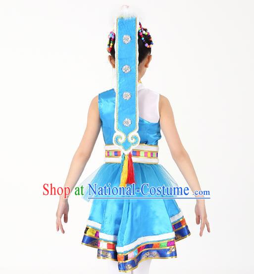 Traditional Chinese Child Zang Nationality Blue Veil Short Dress Ethnic Minority Folk Dance Costume for Kids