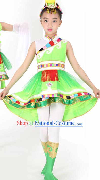 Traditional Chinese Child Zang Nationality Green Veil Short Dress Ethnic Minority Folk Dance Costume for Kids