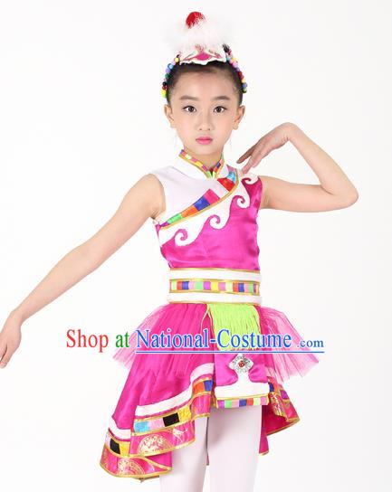 Traditional Chinese Child Zang Nationality Rosy Veil Short Dress Ethnic Minority Folk Dance Costume for Kids