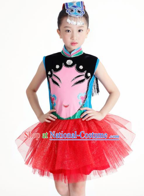 Traditional Chinese Children Classical Dance Red Veil Dress Stage Show Costume for Kids