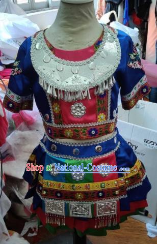 Traditional Chinese Child Miao Nationality Royalblue Short Skirt Ethnic Minority Folk Dance Costume for Kids