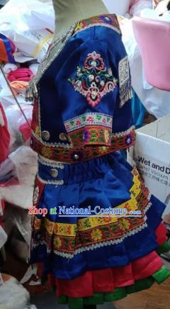 Traditional Chinese Child Miao Nationality Royalblue Short Skirt Ethnic Minority Folk Dance Costume for Kids