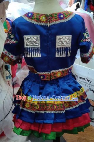 Traditional Chinese Child Miao Nationality Royalblue Short Skirt Ethnic Minority Folk Dance Costume for Kids