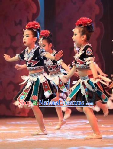 Traditional Chinese Child Dong Nationality Black Short Skirt Ethnic Minority Folk Dance Costume for Kids