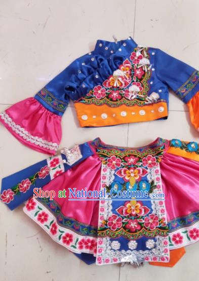 Traditional Chinese Child Yi Nationality Royalblue Short Skirt Ethnic Minority Folk Dance Costume for Kids