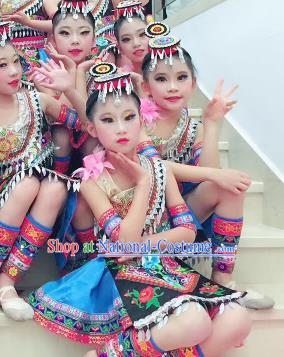 Traditional Chinese Child She Nationality Blue Short Skirt Ethnic Minority Folk Dance Costume for Kids