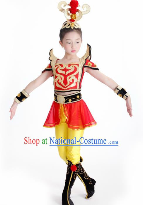 Traditional Chinese Children Classical Dance Hua Mulan Red Dress Stage Show Costume for Kids