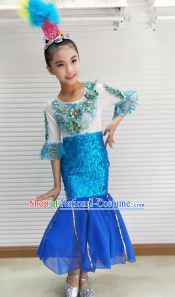 Traditional Chinese Child Dai Nationality Blue Dress Ethnic Minority Folk Dance Costume for Kids