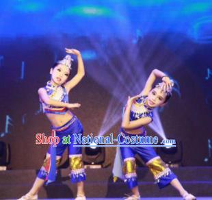 Traditional Chinese Child Yi Nationality Blue Dress Ethnic Minority Folk Dance Costume for Kids