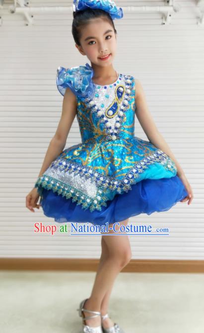 Traditional Chinese Children Opening Dance Royalblue Short Dress Stage Show Costume for Kids