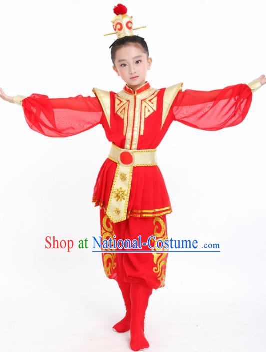 Traditional Chinese Children Classical Dance Hua Mulan Red Clothing Stage Show Costume for Kids