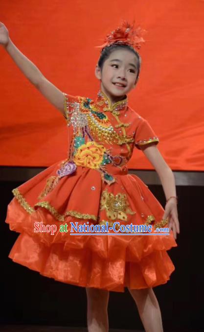 Traditional Chinese Children Classical Dance Orange Dress Stage Show Costume for Kids