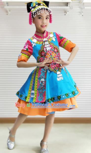 Traditional Chinese Child Mosuo Nationality Blue Dress Ethnic Minority Folk Dance Costume for Kids