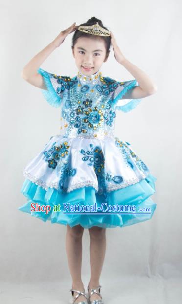 Traditional Chinese Children Classical Dance Blue Short Dress Stage Show Costume for Kids