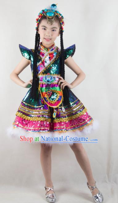 Traditional Chinese Zang Nationality Child Dress Ethnic Minority Folk Dance Costume for Kids