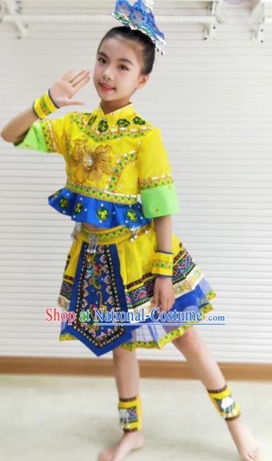 Traditional Chinese She Nationality Child Yellow Dress Ethnic Minority Folk Dance Costume for Kids