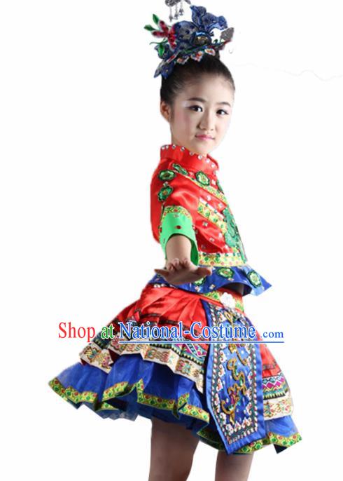 Traditional Chinese Dong Nationality Child Red Dress Ethnic Minority Folk Dance Costume for Kids