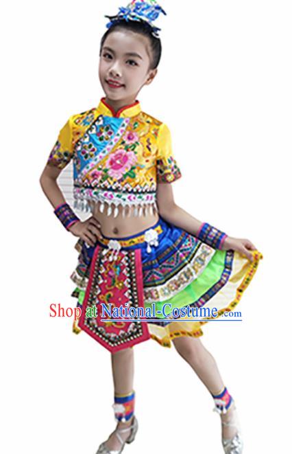 Traditional Chinese Tujia Nationality Child Yellow Dress Ethnic Minority Folk Dance Costume for Kids