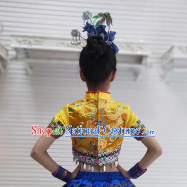 Traditional Chinese Tujia Nationality Child Yellow Dress Ethnic Minority Folk Dance Costume for Kids