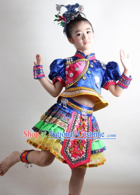 Traditional Chinese Tujia Nationality Child Royalblue Dress Ethnic Minority Folk Dance Costume for Kids