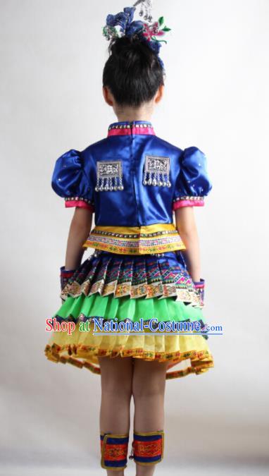 Traditional Chinese Tujia Nationality Child Royalblue Dress Ethnic Minority Folk Dance Costume for Kids