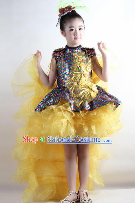 Traditional Chinese Children Classical Dance Yellow Veil Trailing Dress Stage Show Costume for Kids