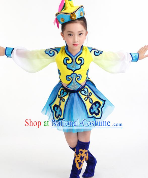 Traditional Chinese Child Mongol Nationality Blue Skirt Ethnic Minority Folk Dance Costume for Kids