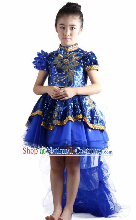 Traditional Chinese Children Classical Dance Royalblue Veil Trailing Dress Stage Show Costume for Kids