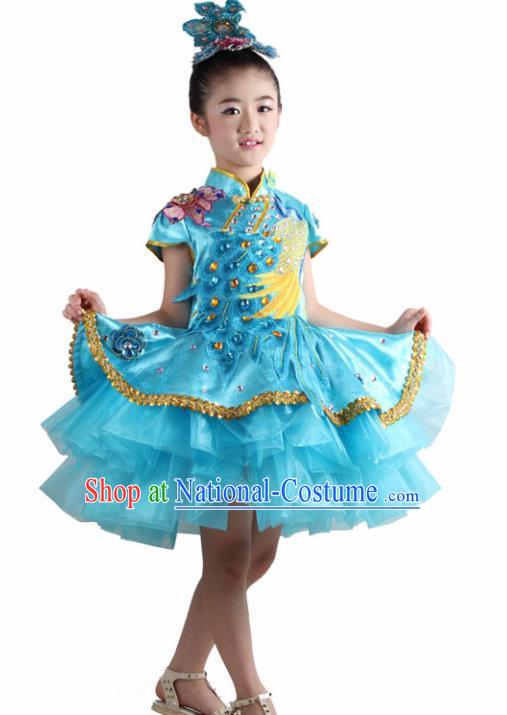 Traditional Chinese Children Classical Dance Blue Veil Dress Stage Show Costume for Kids