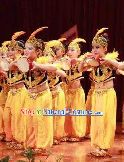 Traditional Chinese Xinjiang Uyghur Nationality Child Yellow Dress Ethnic Minority Folk Dance Costume for Kids