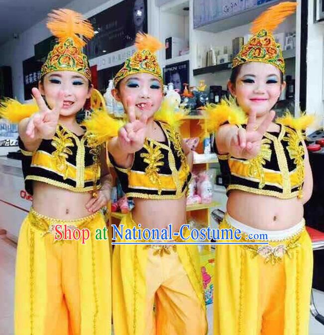 Traditional Chinese Xinjiang Uyghur Nationality Child Yellow Dress Ethnic Minority Folk Dance Costume for Kids