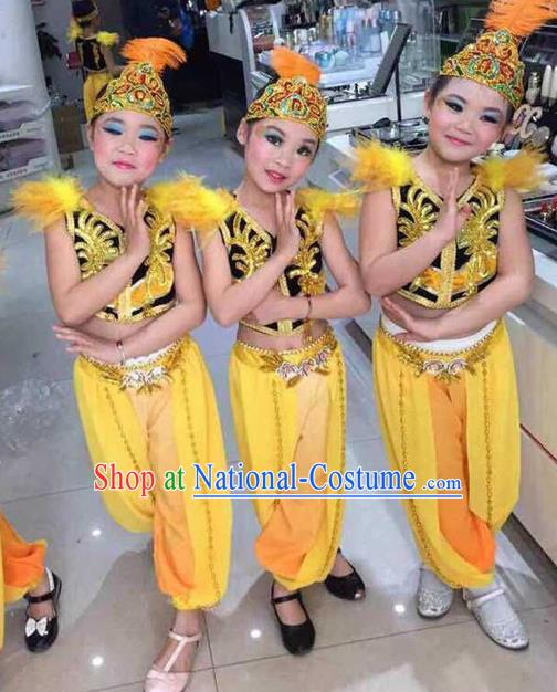 Traditional Chinese Xinjiang Uyghur Nationality Child Yellow Dress Ethnic Minority Folk Dance Costume for Kids