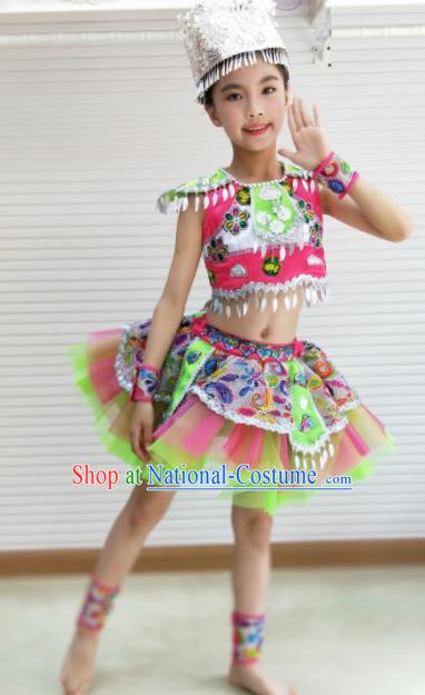 Traditional Chinese She Nationality Child Short Dress Ethnic Minority Folk Dance Costume for Kids