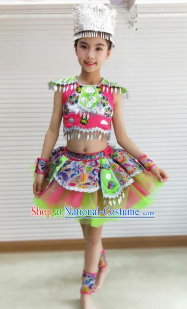 Traditional Chinese She Nationality Child Short Dress Ethnic Minority Folk Dance Costume for Kids