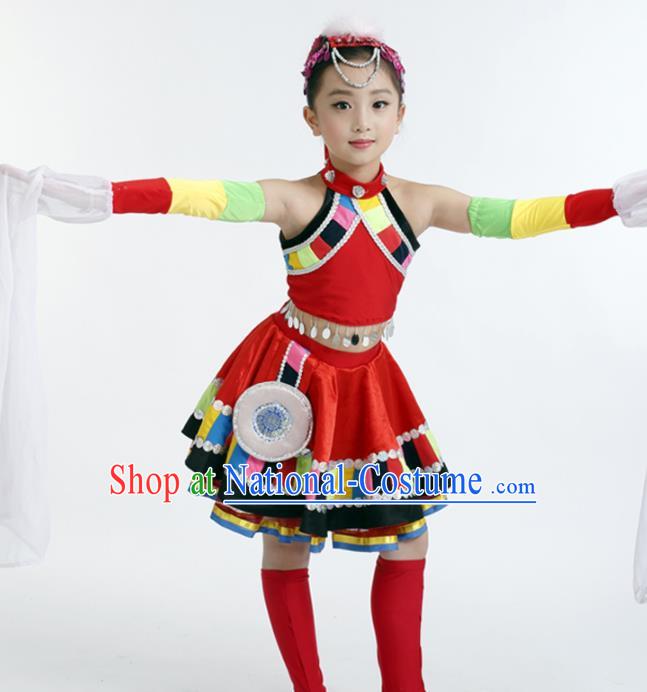 Traditional Chinese Child Zang Nationality Red Dress Ethnic Minority Folk Dance Costume for Kids