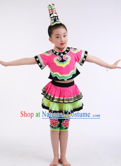 Traditional Chinese Child Tujia Nationality Pink Dress Ethnic Minority Folk Dance Costume for Kids