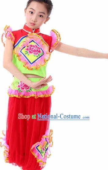 Traditional Chinese Folk Dance Fan Dance Red Clothing Yangko Dance Stage Show Costume for Kids