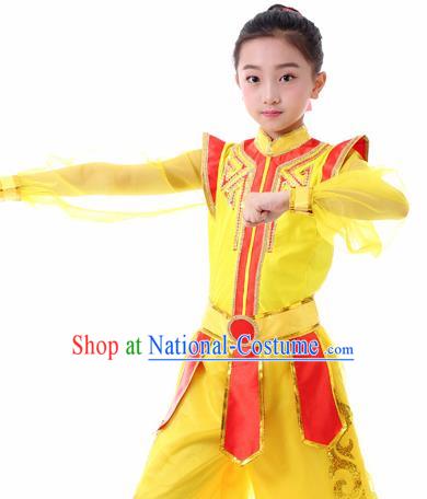 Traditional Chinese Children Classical Dance Hua Mulan Yellow Clothing Stage Show Costume for Kids