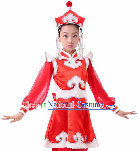 Traditional Chinese Child Mongol Nationality Red Clothing Ethnic Minority Folk Dance Costume for Kids