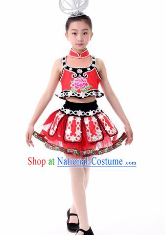 Traditional Chinese Child Miao Nationality Red Skirt Ethnic Minority Folk Dance Costume for Kids