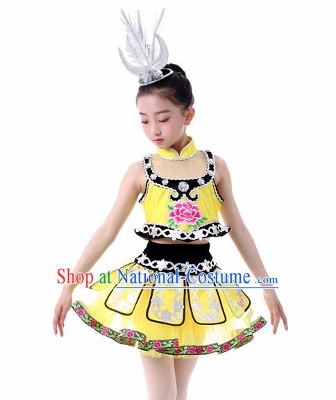 Traditional Chinese Child Miao Nationality Yellow Skirt Ethnic Minority Folk Dance Costume for Kids