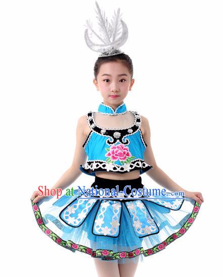 Traditional Chinese Child Miao Nationality Blue Skirt Ethnic Minority Folk Dance Costume for Kids