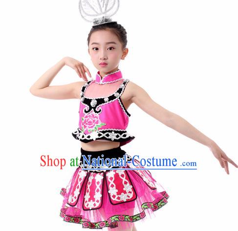 Traditional Chinese Child Miao Nationality Rosy Skirt Ethnic Minority Folk Dance Costume for Kids