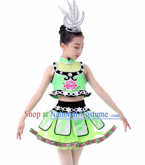 Traditional Chinese Child Miao Nationality Green Skirt Ethnic Minority Folk Dance Costume for Kids