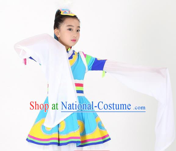 Traditional Chinese Child Zang Nationality Blue Skirt Ethnic Minority Folk Dance Costume for Kids