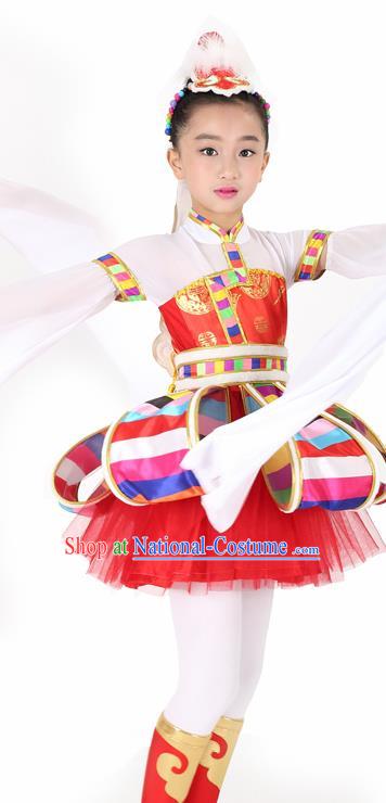 Traditional Chinese Child Tibetan Nationality Red Dress Ethnic Minority Folk Dance Costume for Kids