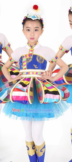 Traditional Chinese Child Tibetan Nationality Blue Dress Ethnic Minority Folk Dance Costume for Kids