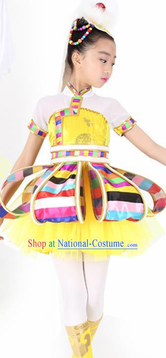 Traditional Chinese Child Tibetan Nationality Yellow Dress Ethnic Minority Folk Dance Costume for Kids