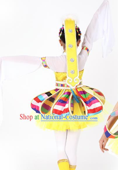 Traditional Chinese Child Tibetan Nationality Yellow Dress Ethnic Minority Folk Dance Costume for Kids